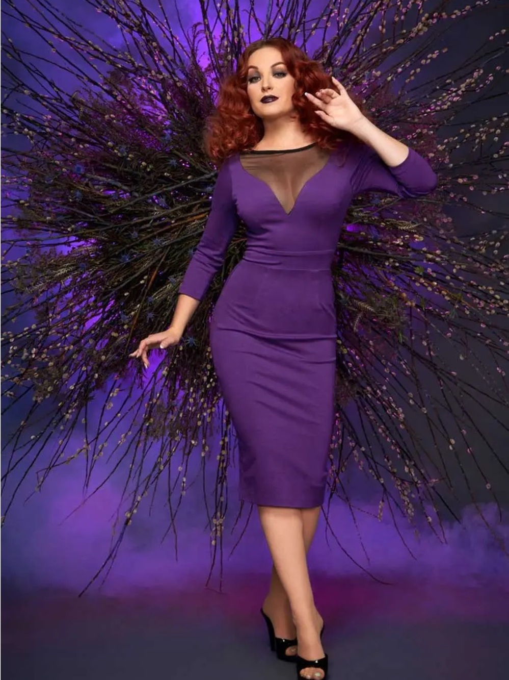 Pinup Girl PUG Couture Elvira Purple Dress Black Mesh Inset L